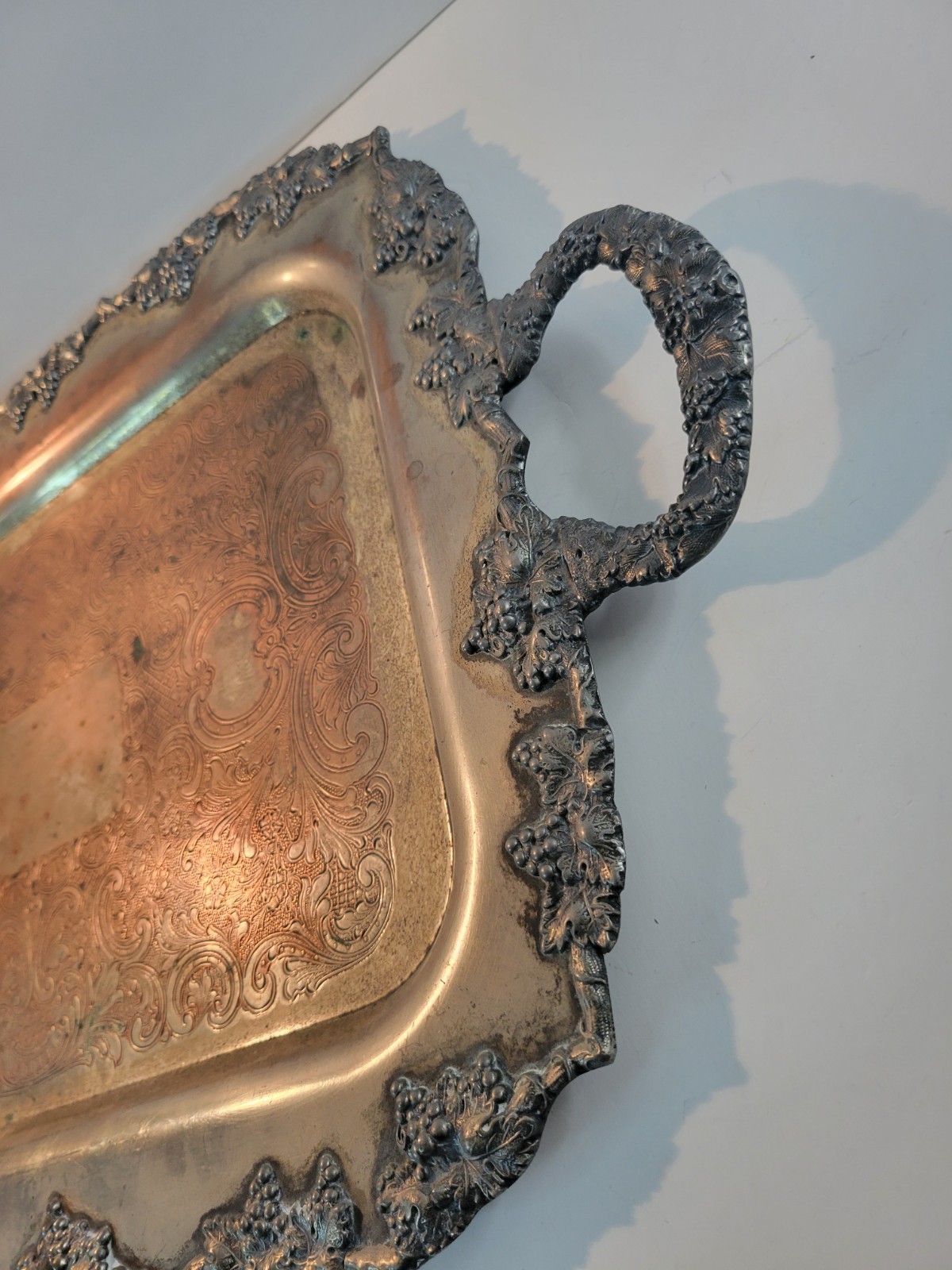 Crescent Silver On Copper Tray Grape Leaf 22 3/4