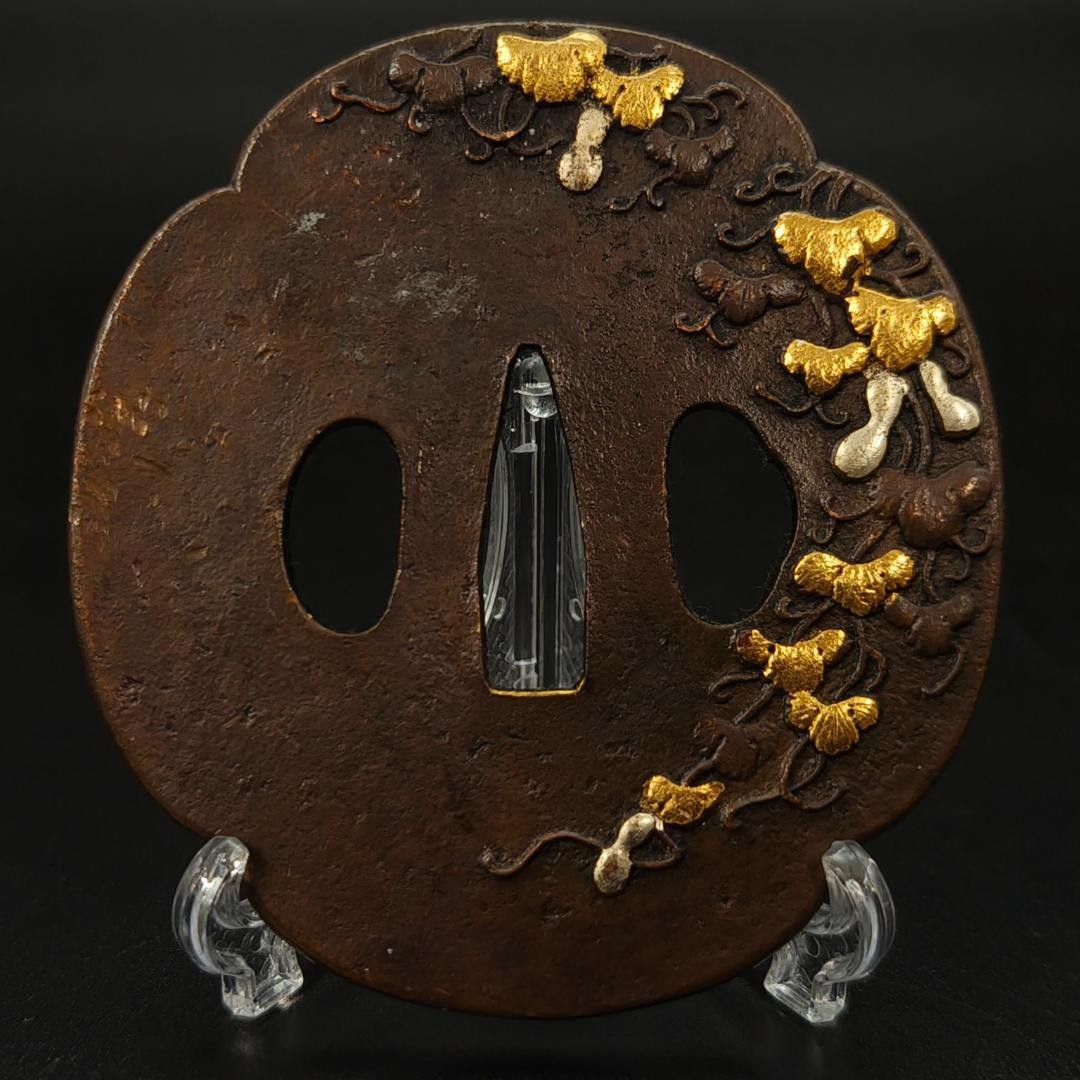 Japanese Tsuba Sword Guard Gourd Wisteria Copper Gold Silver Plated Katana
