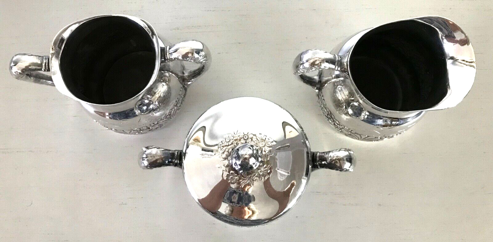 Antique Pairpoint Quadruple Silverplate Repousse 4 Piece Set Creamer Sugar etc.