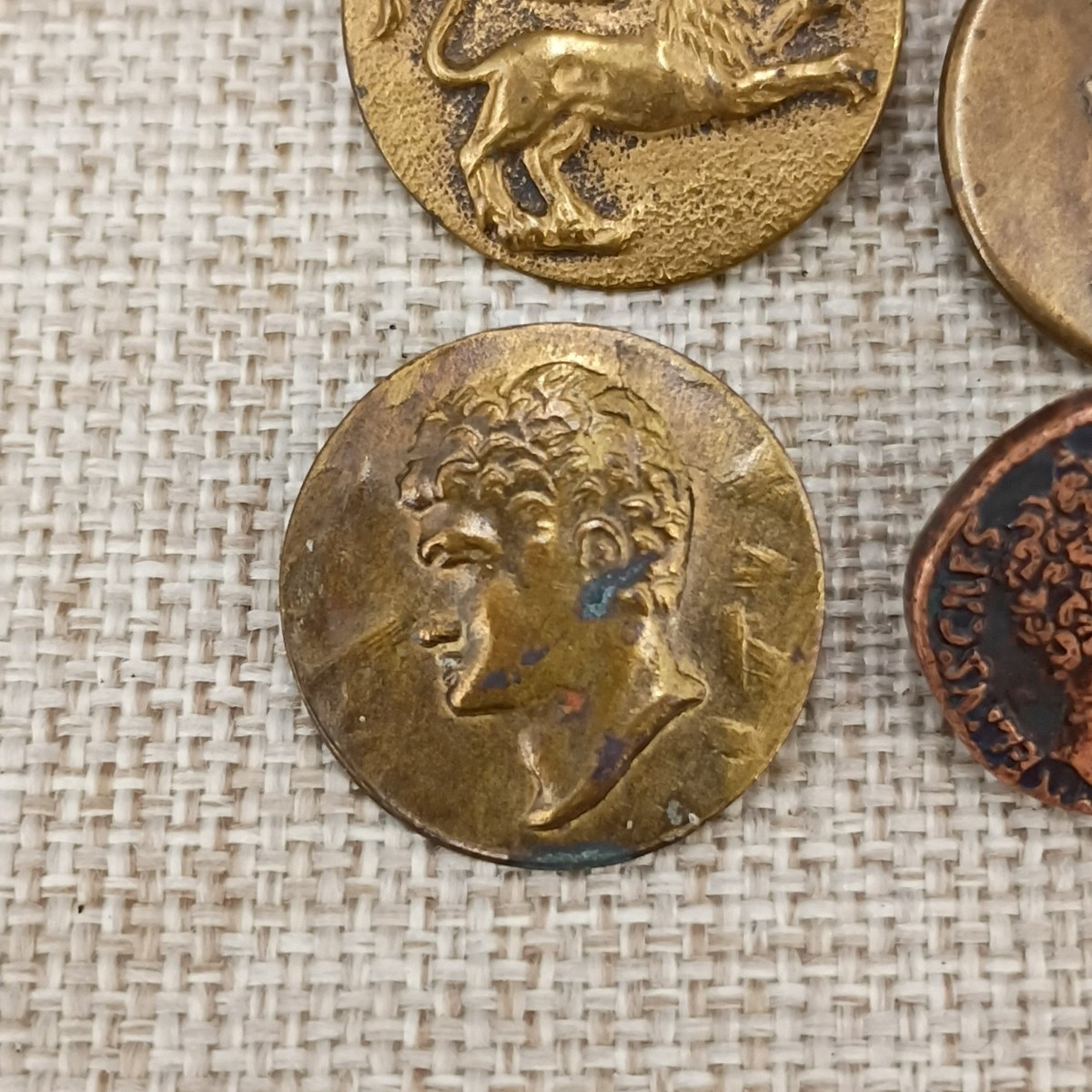 Antique Brass Mythical Figural Button Lot Griffin Roman Coin Deer Metal Shank