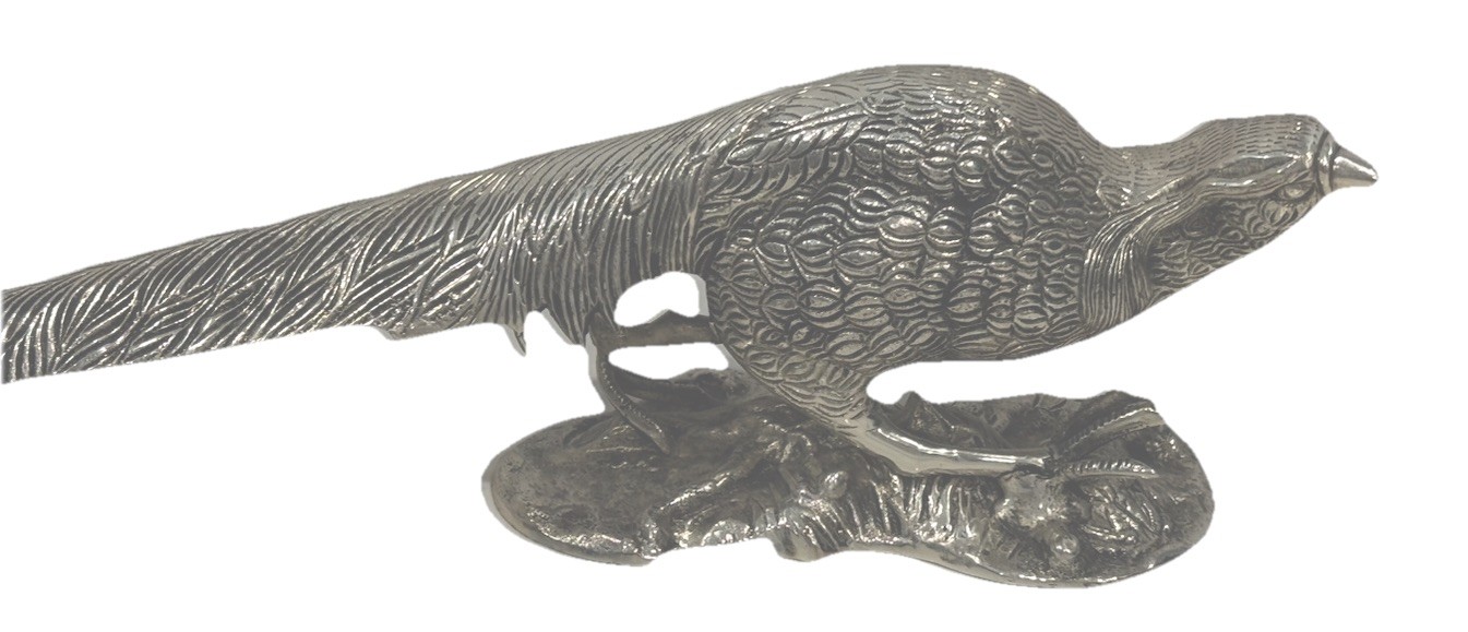 Pair Antique Victorian Silver Plated Bronze Pheasants Table Ornaments/Sculptures