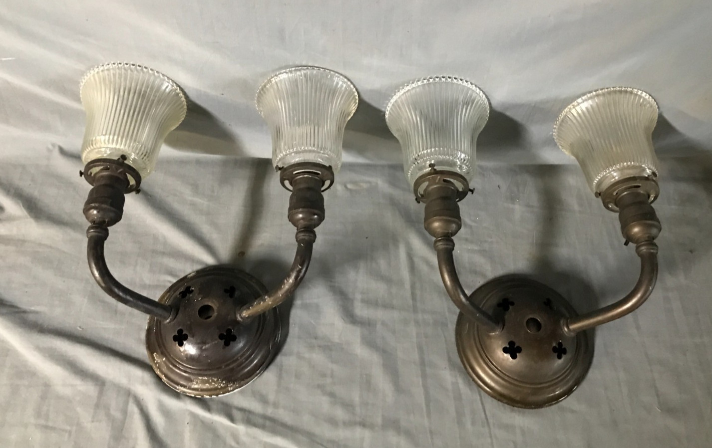 Pair Antique Gothic Mission Brass Double Glass Sconce Interior Lights 1211-25B