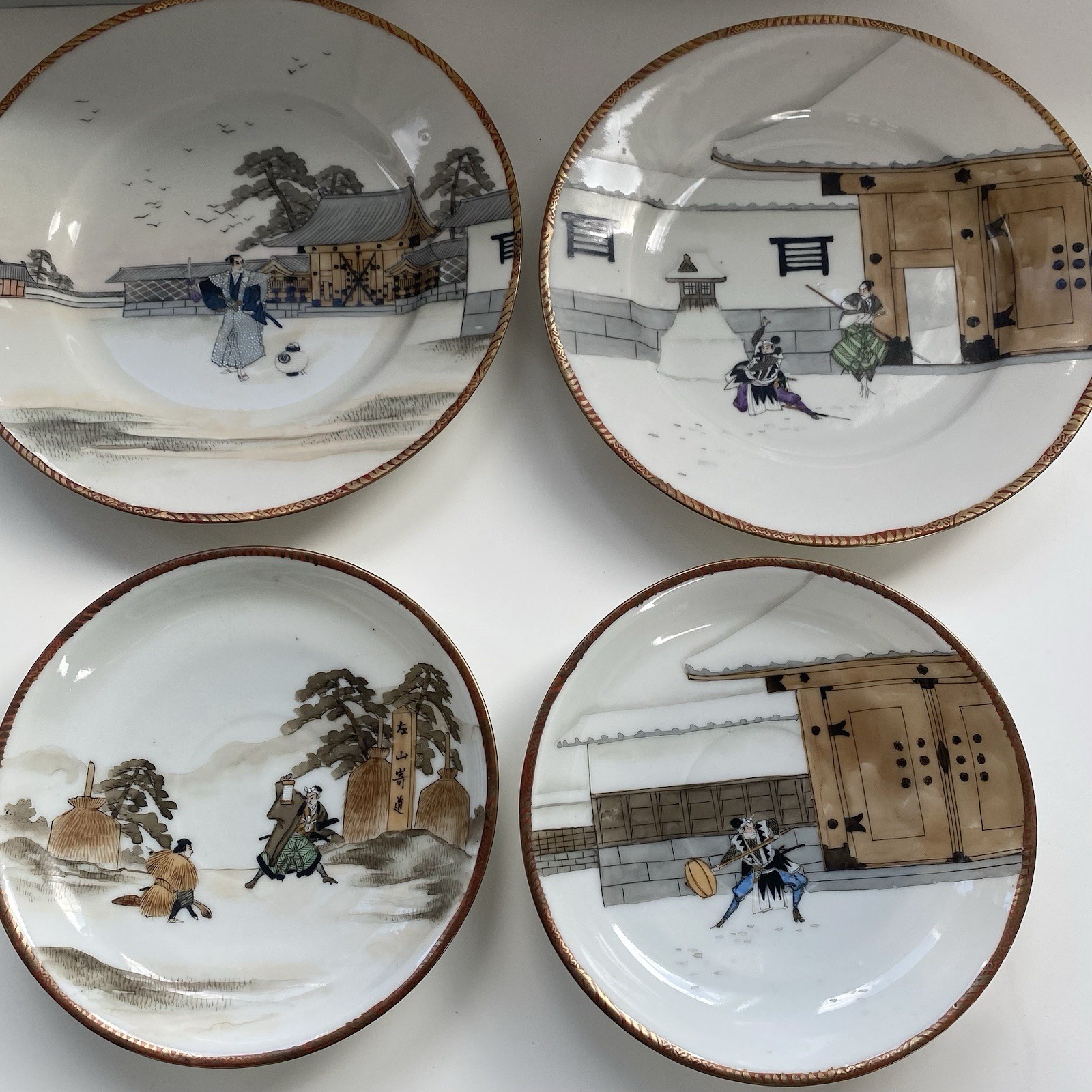 Yokohama ware 2x Cup,saucer & Side Plate Bone china, Chushingura Or 47 Ronin Set