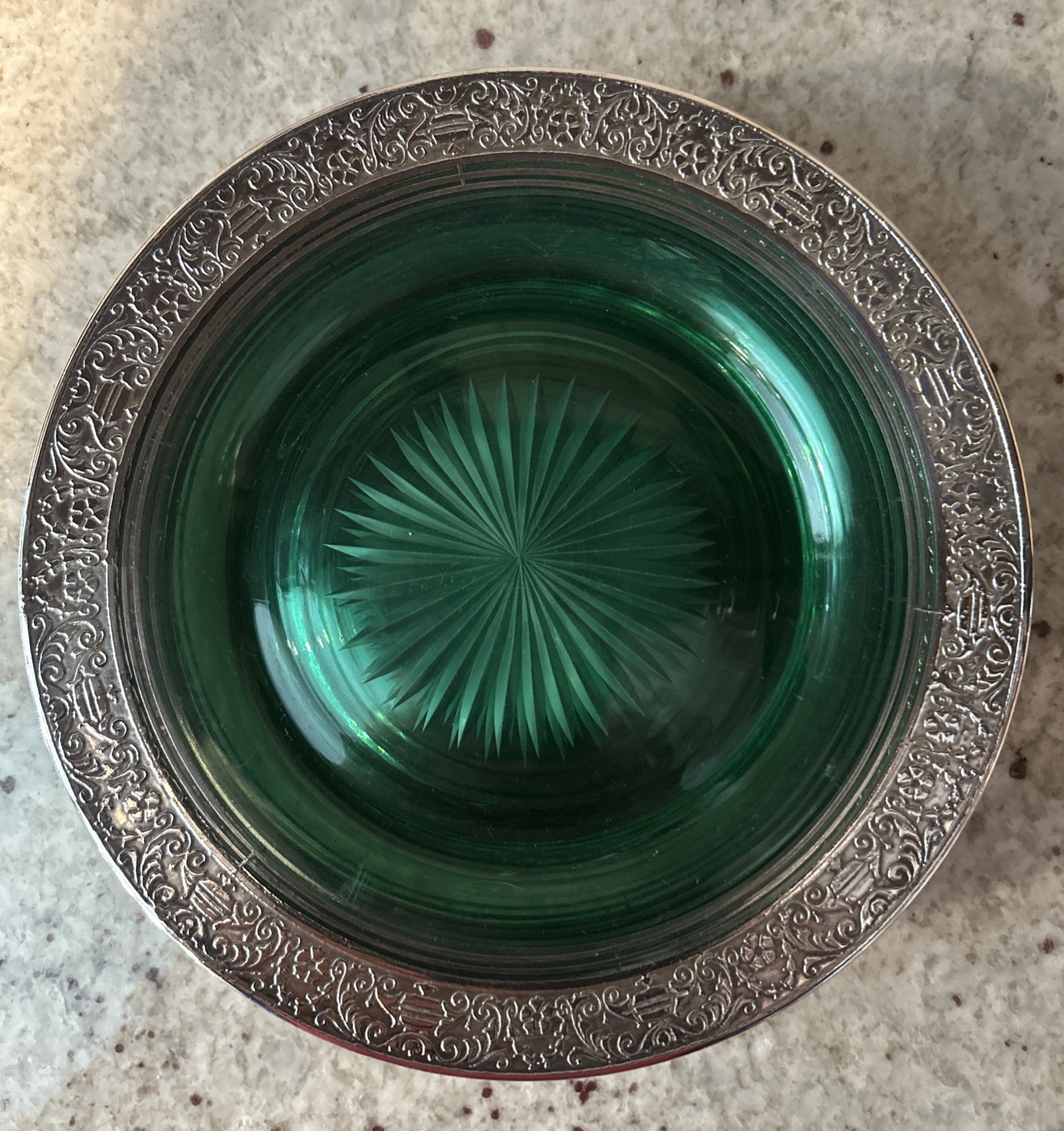 Antique Green Uranium Glass Plate With Ornate Sterling Silver Rim 7.75”-Read