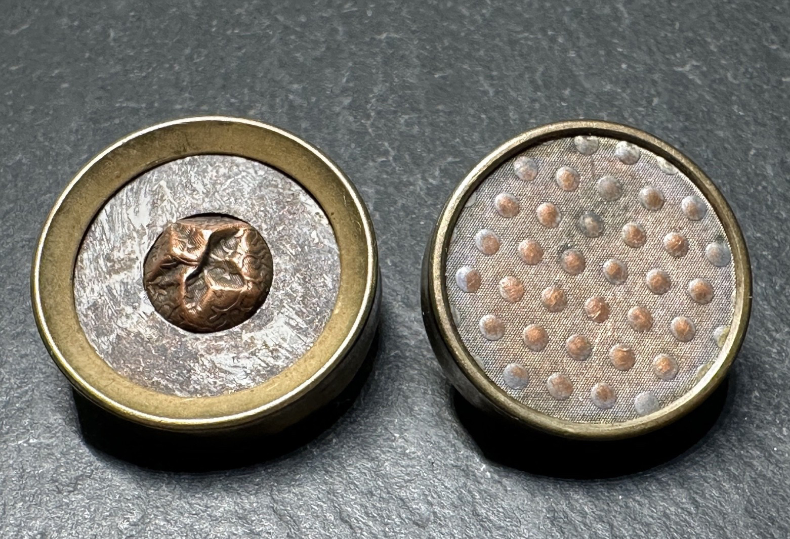 2 DIFFERENT ANTIQUE ROUND METAL SHANK BUTTON WITH PATTERNED CENTER I305