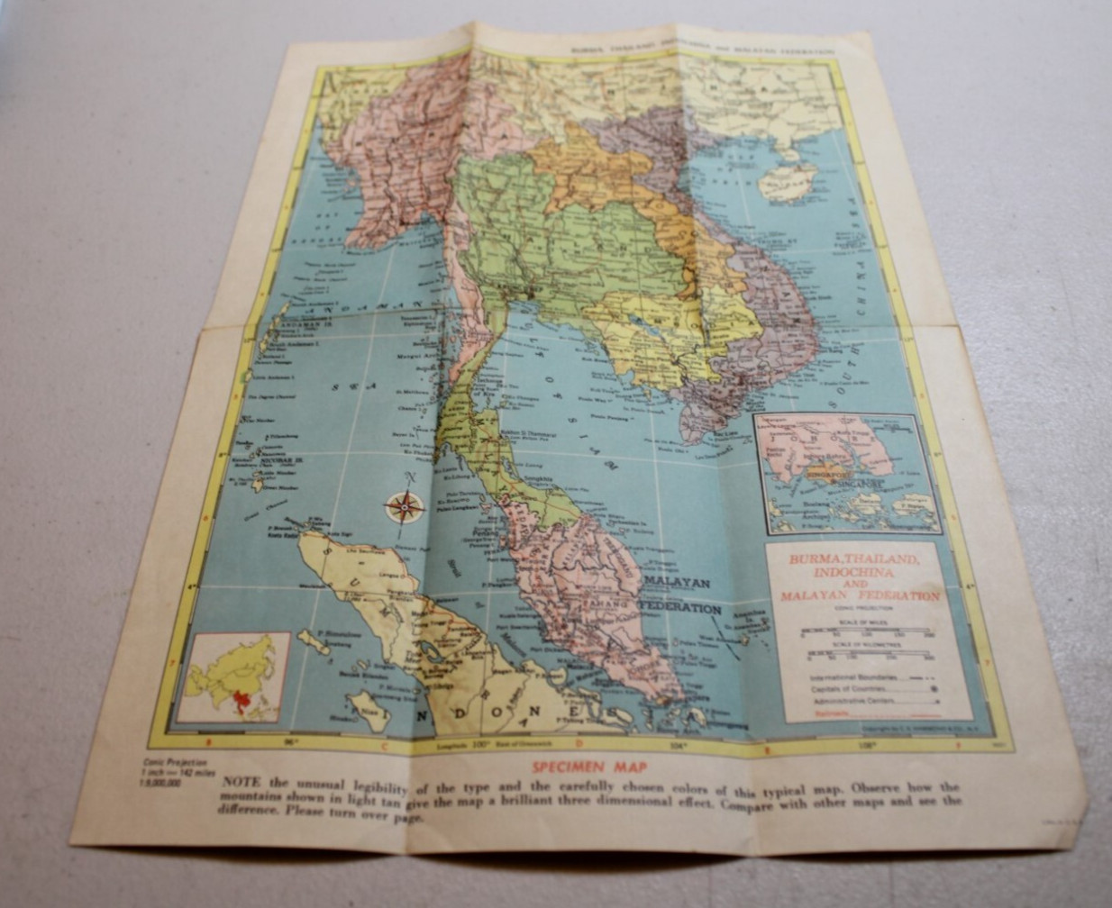 c1950 Folded Sample Map of BURMA, THAILAND, INDOCHINA, and MALAYAN FEDERATION