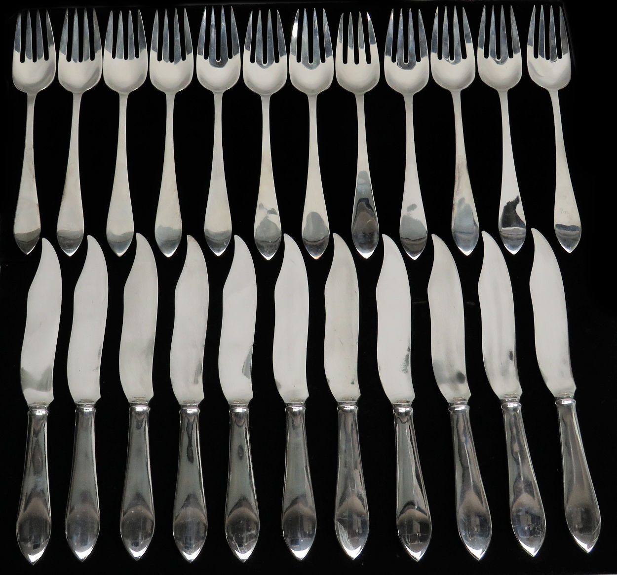 TIFFANY & CO FANEUIL 12 PAIRS FULL STERLING SILVER 24 FISH KNIVES & FORKS