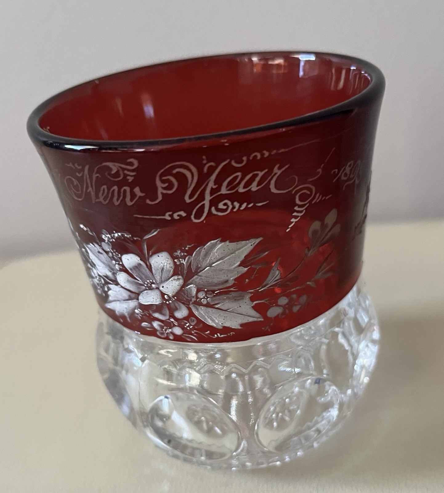 1893 Antique Ruby Red Souvenir Glass CUT GLASS CUPHappy New Year Inscribed!