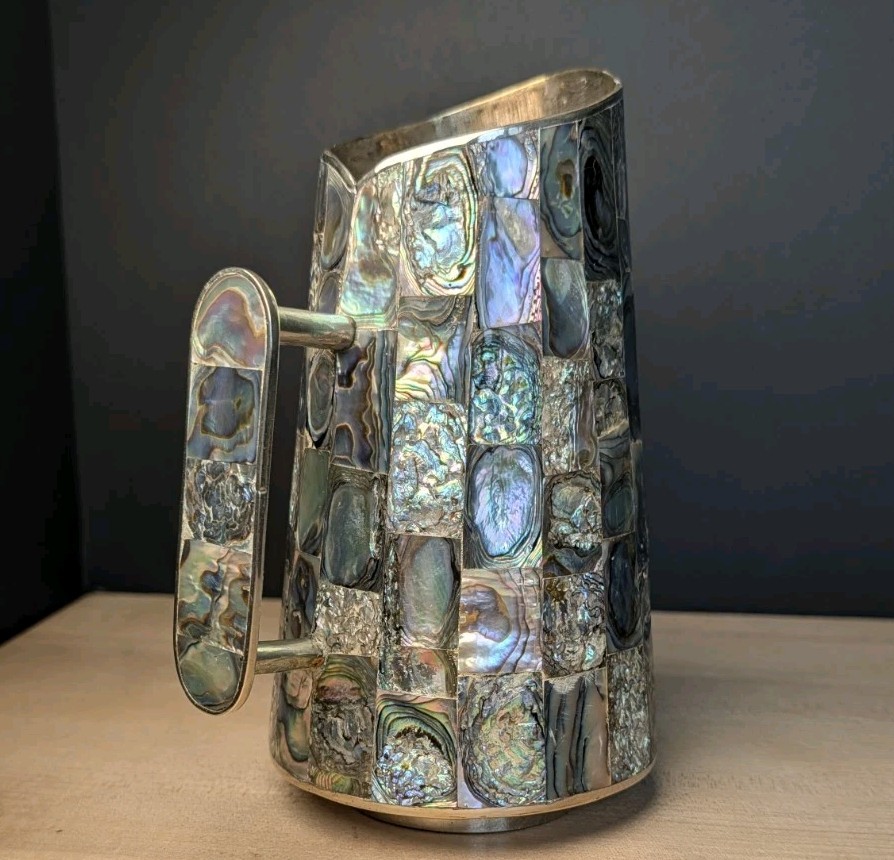 Vtg Alpaca Silver Abalone Inlay Pitcher Mexico MCM Hollywood Regency Lux Decor
