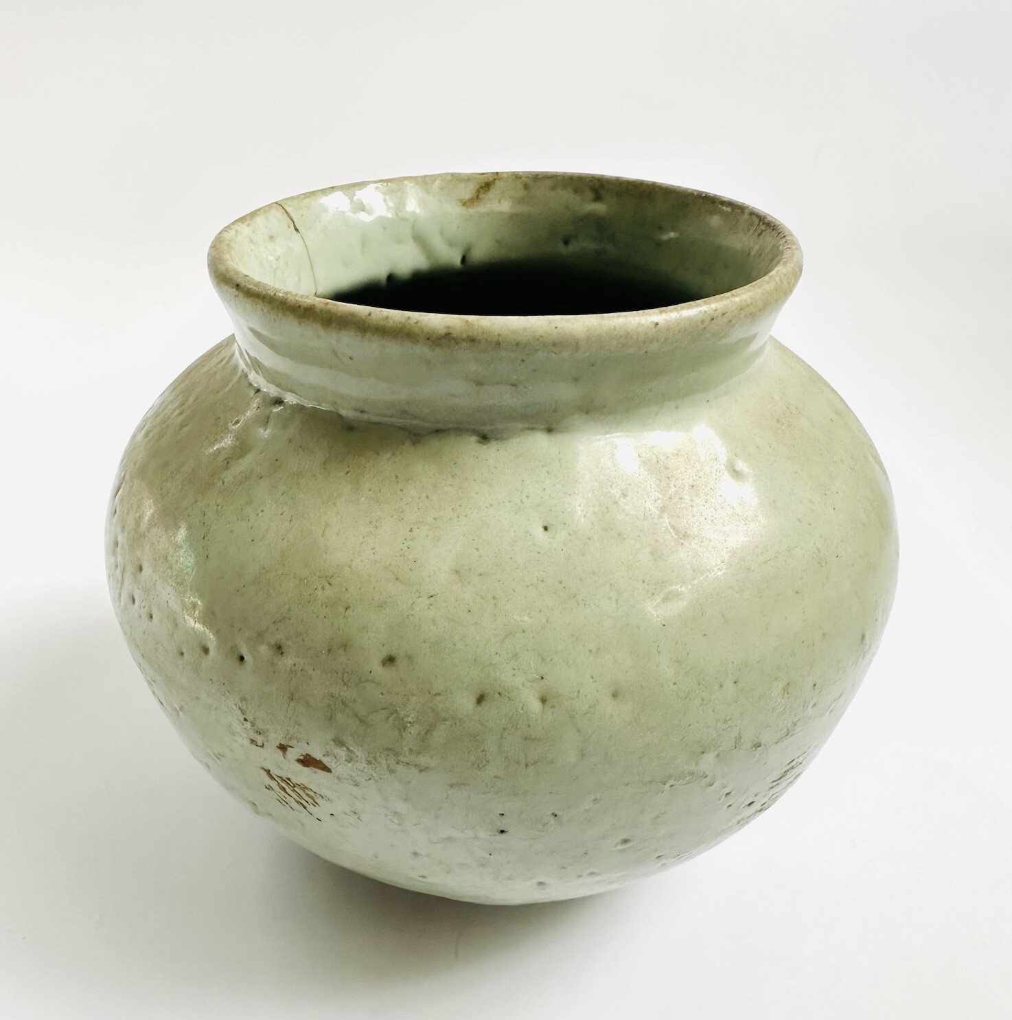 Antique Early 19th Century Korean Joseon Dynasty Ceramic Celadon Moon Jar