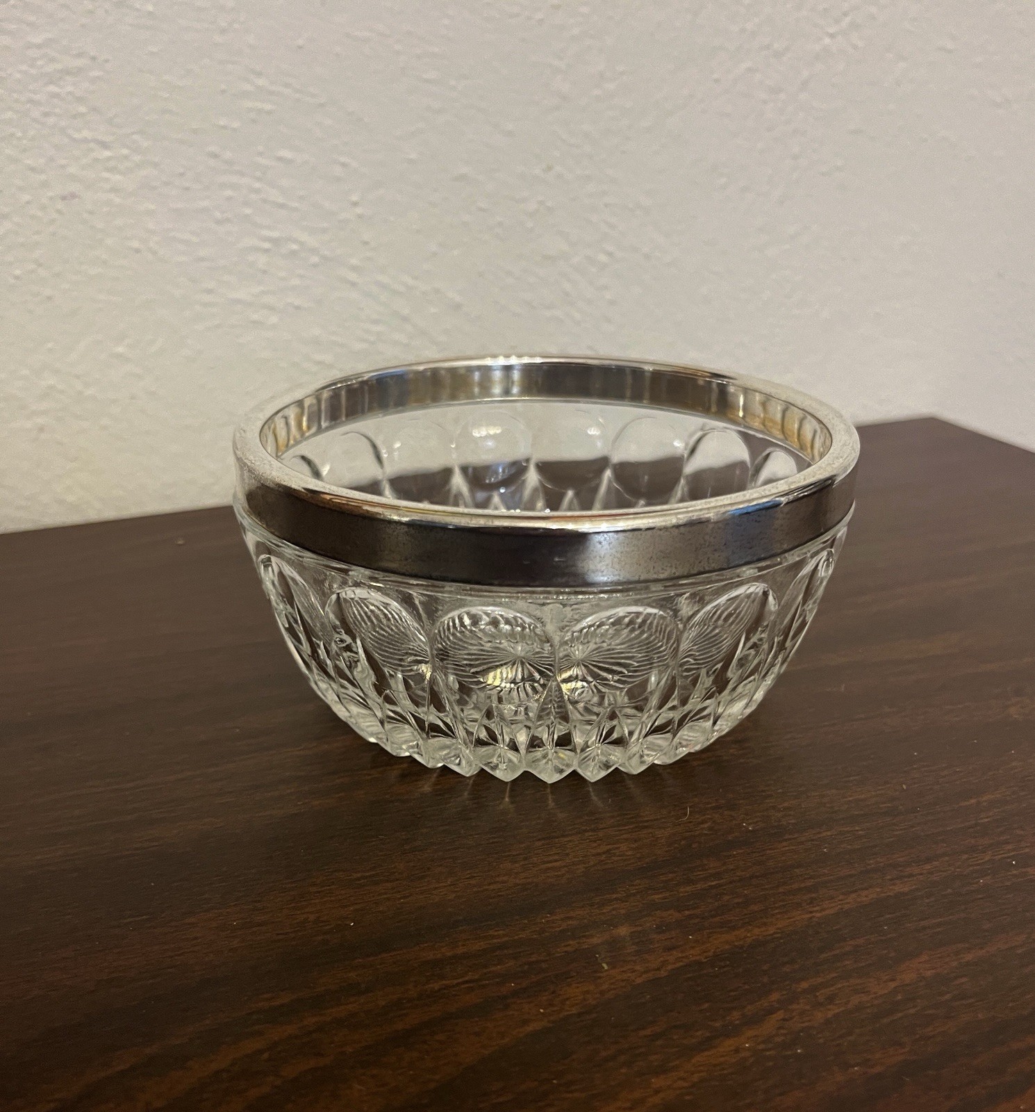 Vintage Silver Plate Rimmed Clear Glass Bowl 5” Diameter Candy Nut Dish