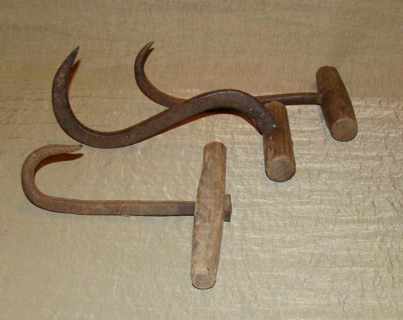 3 Antique Hand Forge Wood Handle Hay Hooks Farmhouse Rustic Primitive Wall Art A