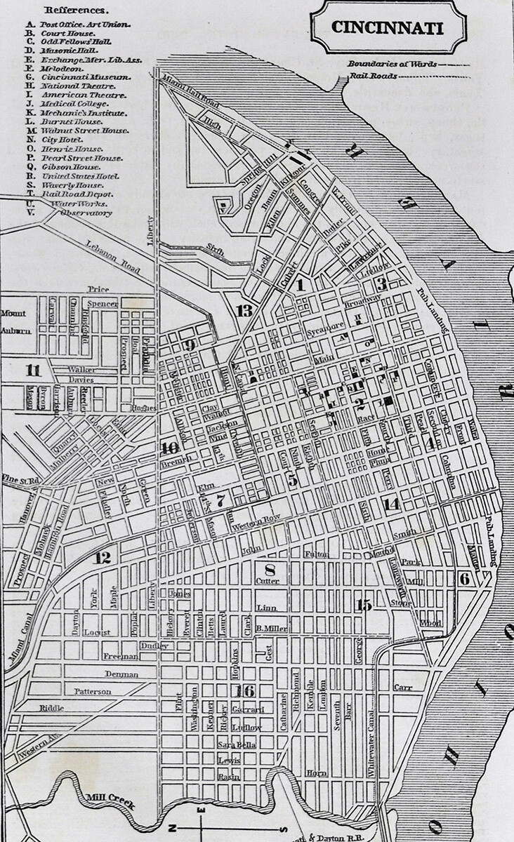 1855 Charles Savage Map Cincinnati Ohio River Downtown Landmarks OH Antique