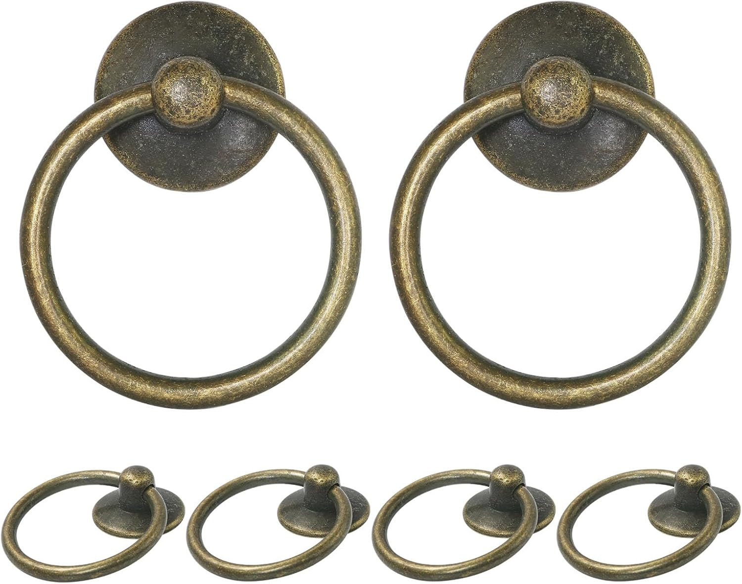 6Pcs Antique Brass Drop Ring Drawer Pulls, Vintage Cabinet Ring Handles, Metal D
