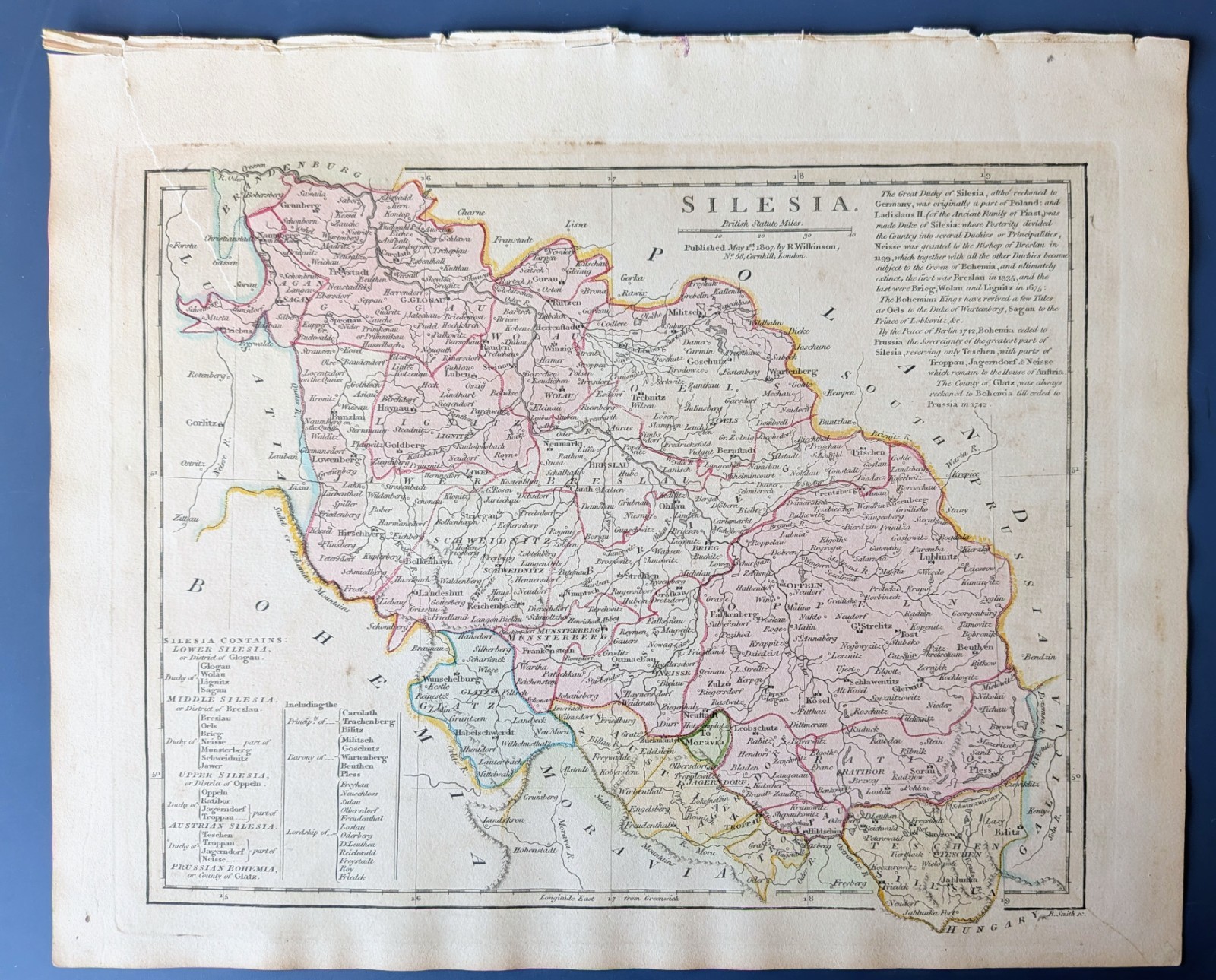 1807 Silesia Map Robert Wilkinson Hand Colored Antique Poland Prussia Germany