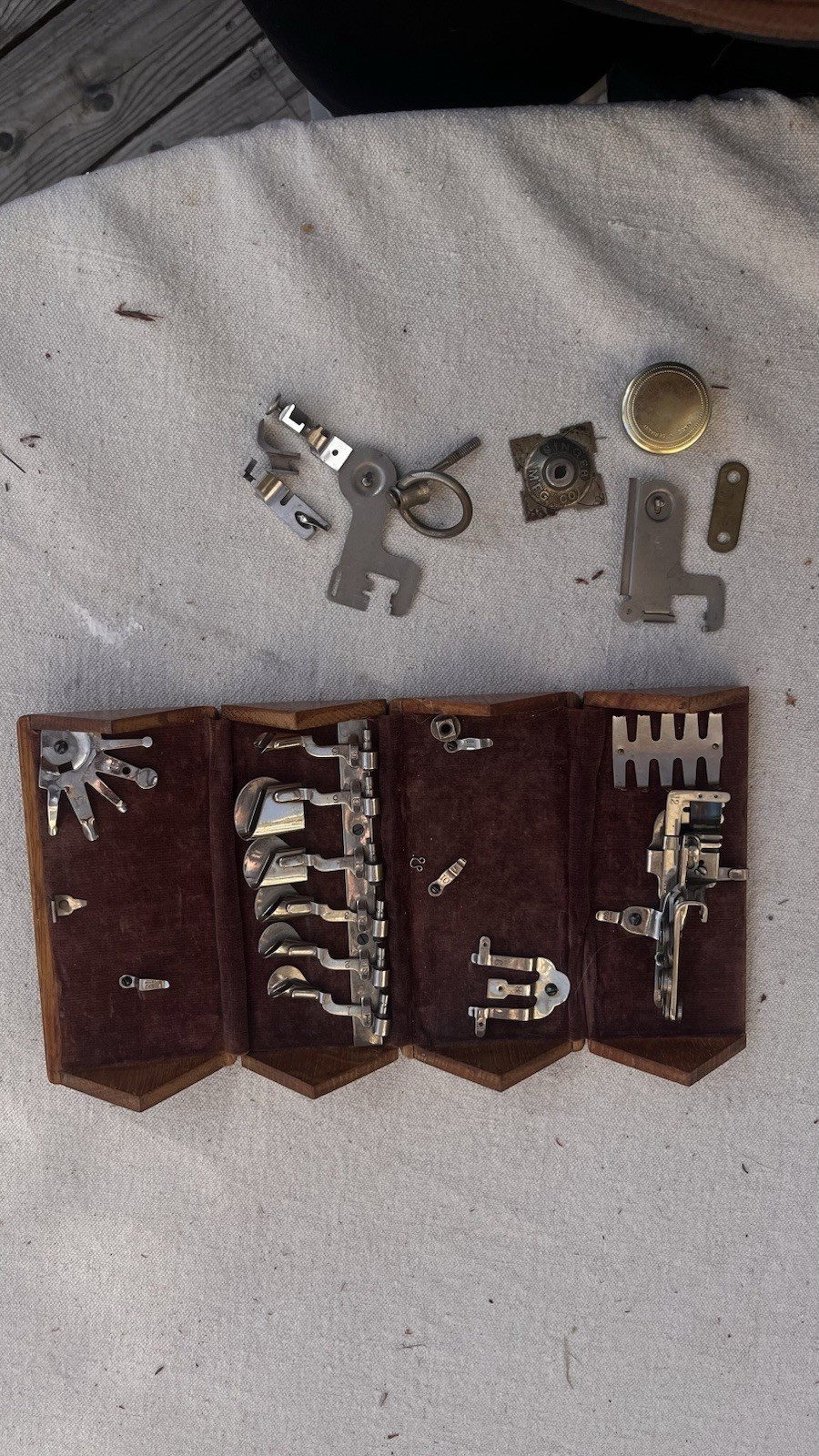 Singer Antique Sewing Machine Attachments Set in Wooden Box Pre-1930