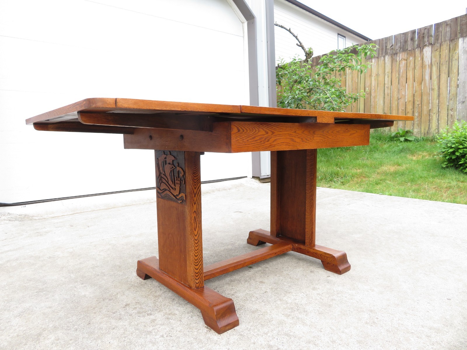 Vtg OAK DRAW LEAF DINING TABLE Nautical SHIP BOAT CARVING Mission ARTS & CRAFTS