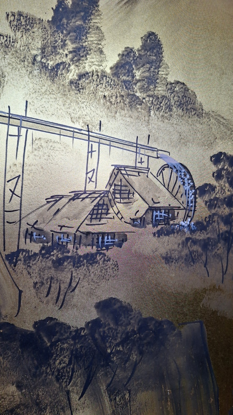 Japanese Byobu Four-Panel Folding Screen Mountain Village on Lake Signed 70″x46″