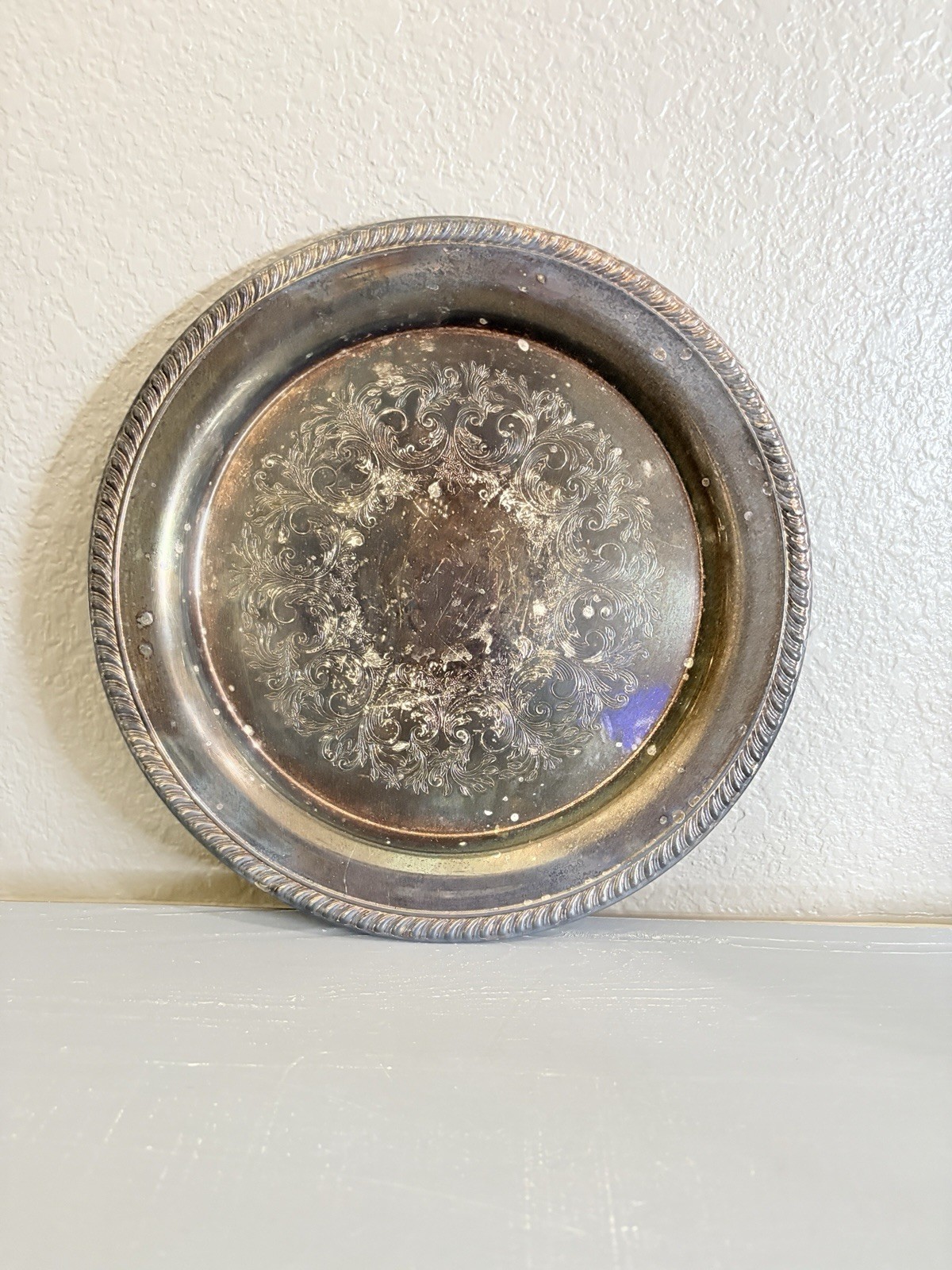 Sheridan EP Brass Silverplate Tray 11” Engraved Floral Rope Rim Vintage English