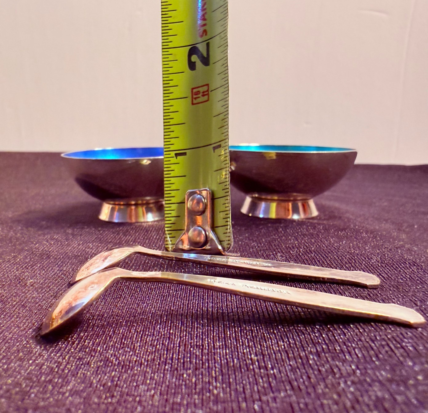 Vtg Meka Denmark Silver Blue & Silver Green Enamel Salt Cellar/Spoon Set of 2