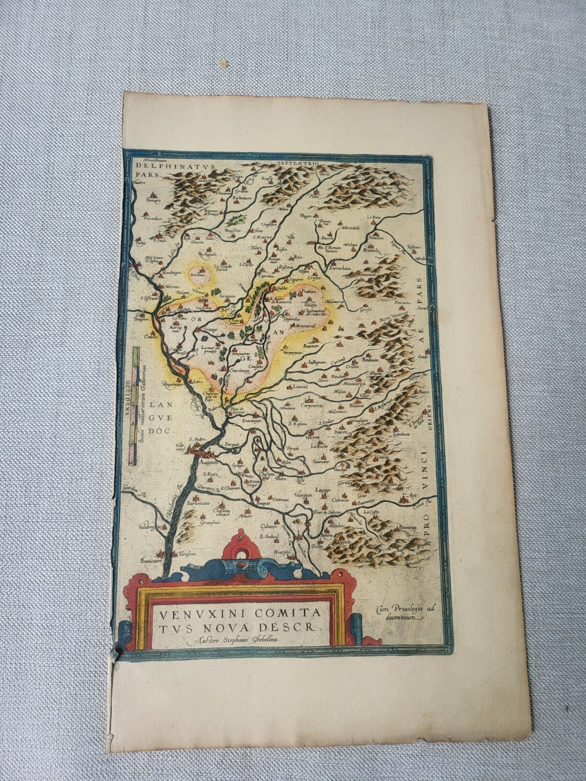 “Venvxini Comita Tvs Nova Descr” Map ca 1600 by Abraham Ortelius. Rhone. France