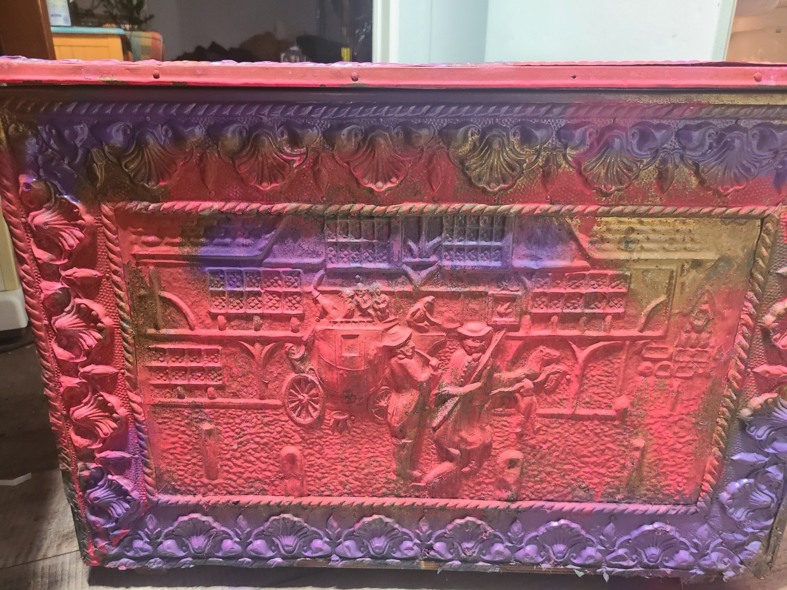 Vintage Repainted Unique Embossed Brass Covering Wood Storage Box