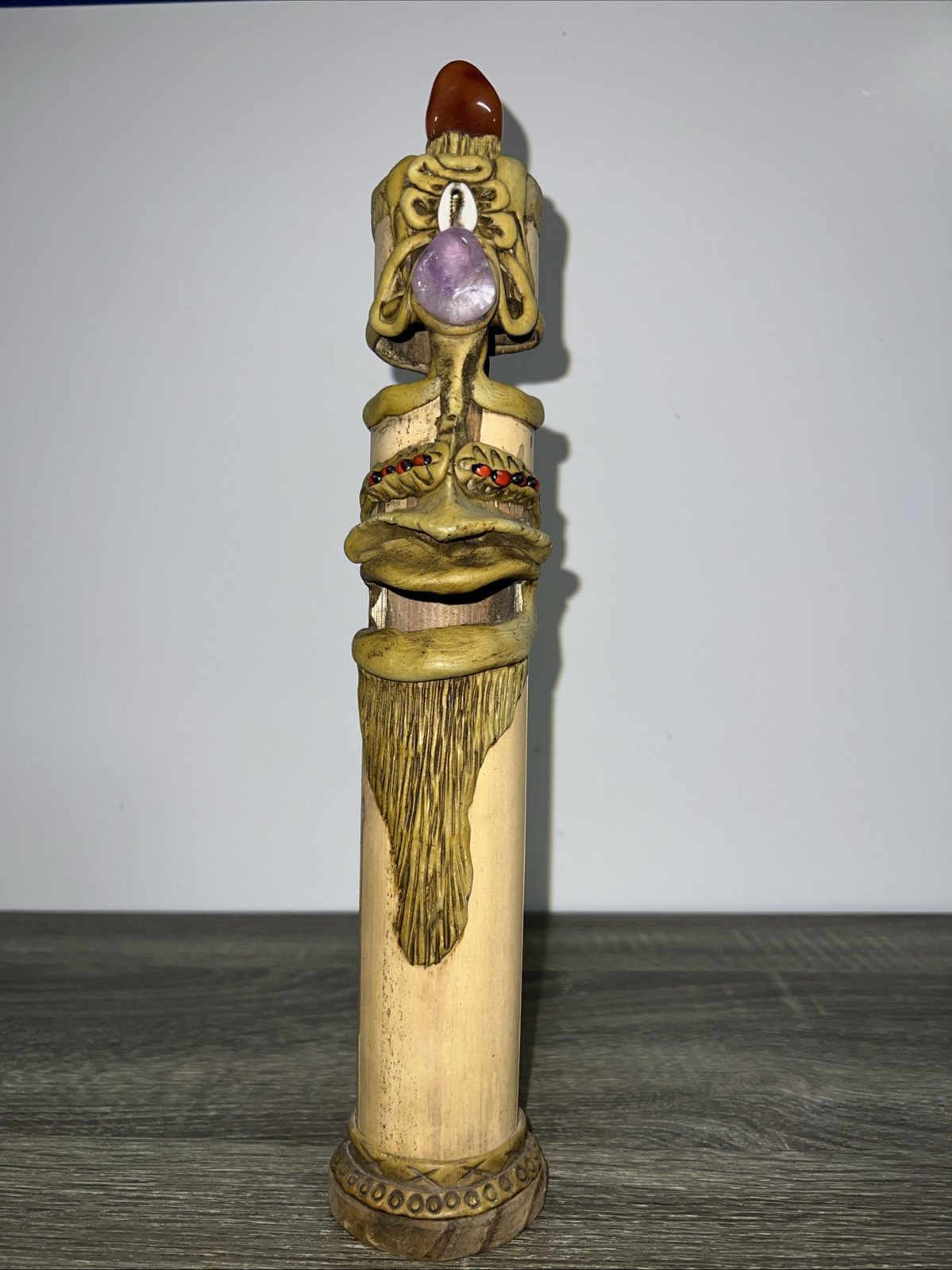 Vintage Tribal Wood Carving Figure Column Incense Holder Glass Bead Gem Stones