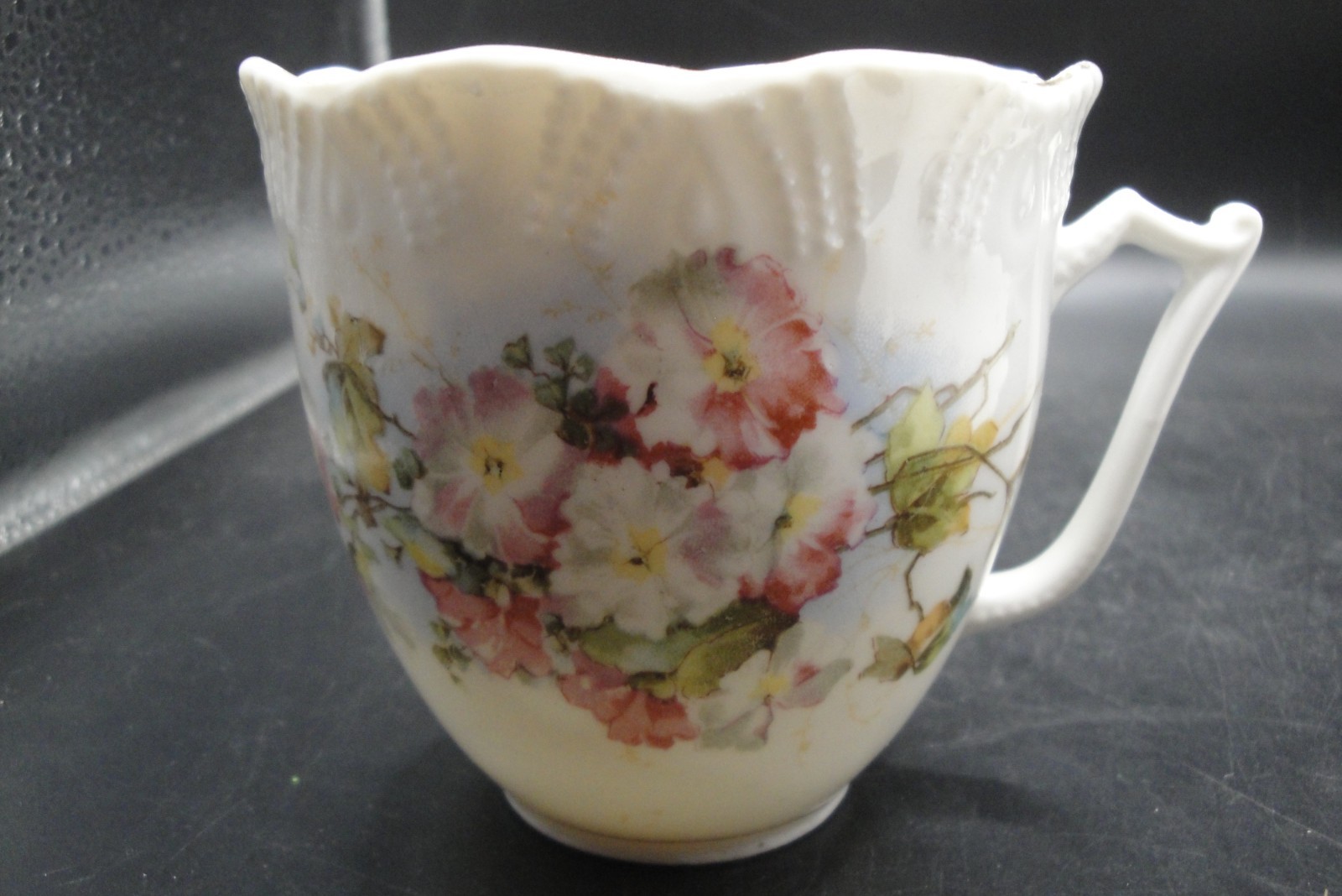 Antique Porcelain Mustache Cup with Matching Saucer-Floral Pattern Gold Trim