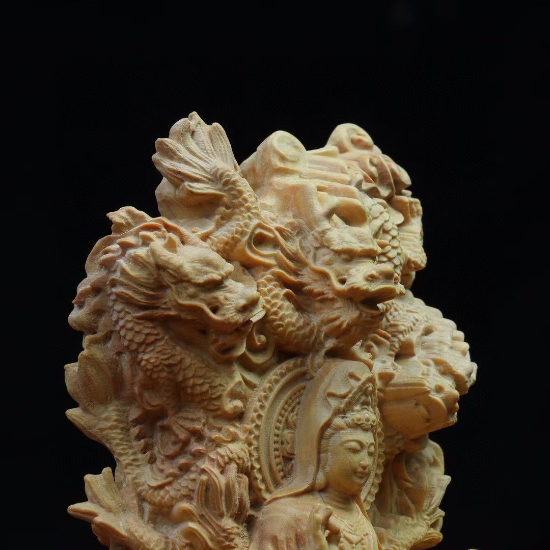 Chinese Boxwood Huang-yang Wood Carving Guanyin 9-dragon Statue HUI80104