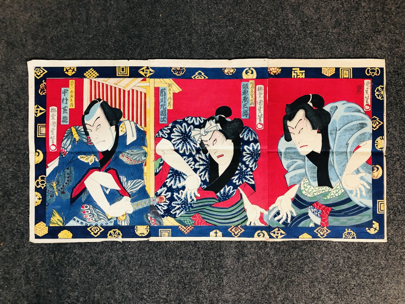 Y6283 WOODBLOCK PRINT Kunimasa triptych Kabuki Japan Ukiyoe antique interior