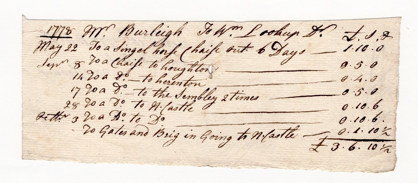 1778 Georgian Manuscript Invoice Horse Chaise Transport Account Newcastle / Tyne