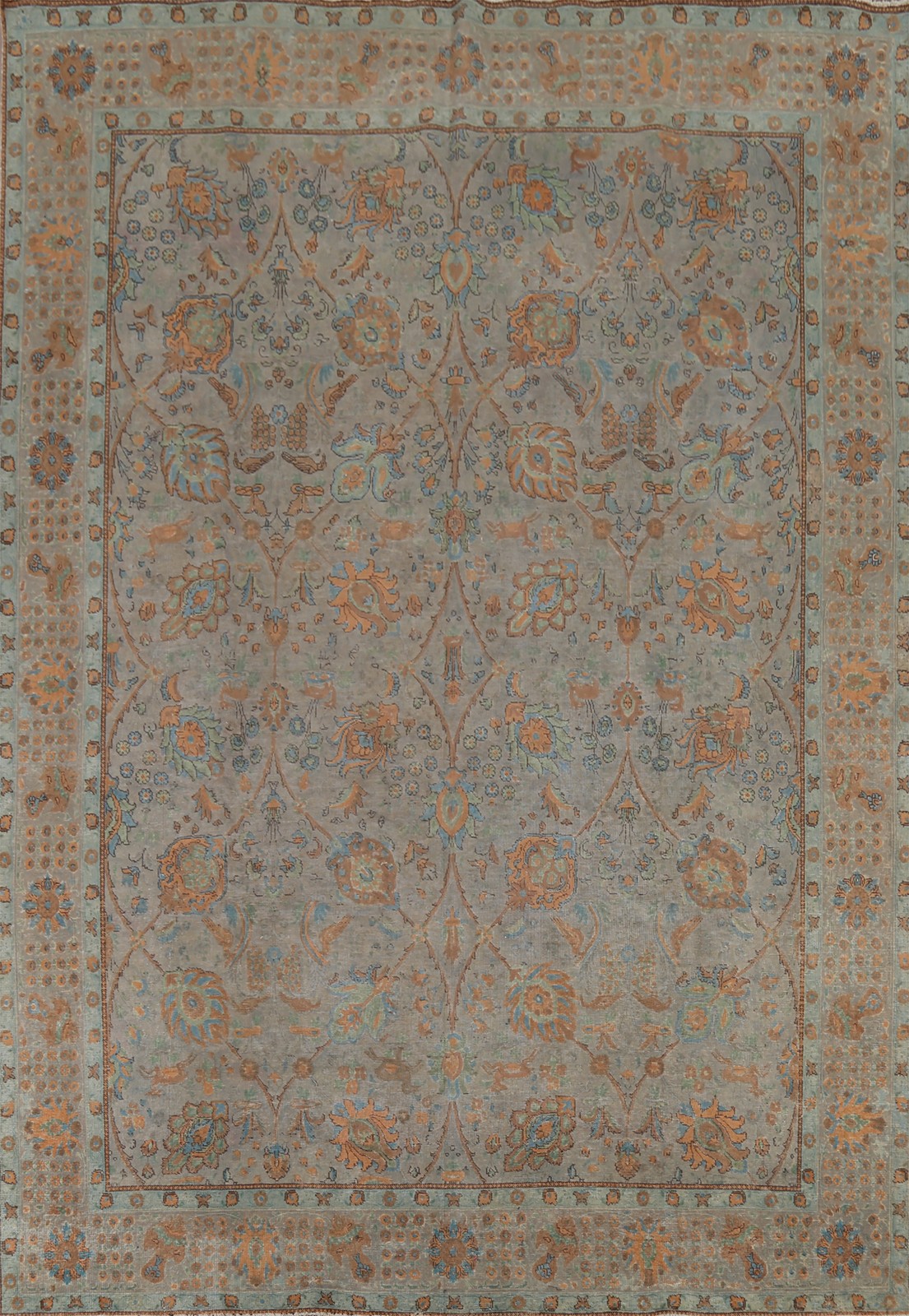 All-Over Distressed Floral Area Rug 10×13 Gray Over-Dyed Handmade Room Size Rug