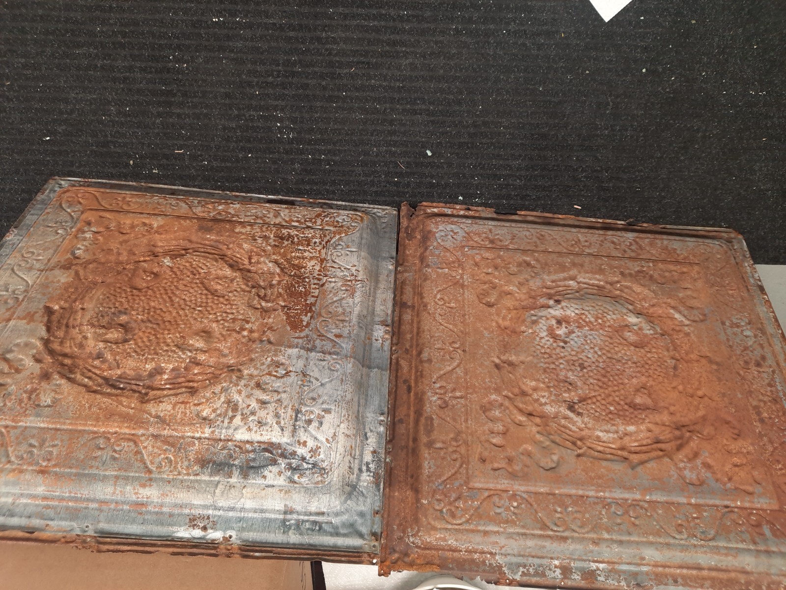 Victorian Pressed Tin Ceiling, 2’x2′, Wreath. Salvage, Shabby, Chippy