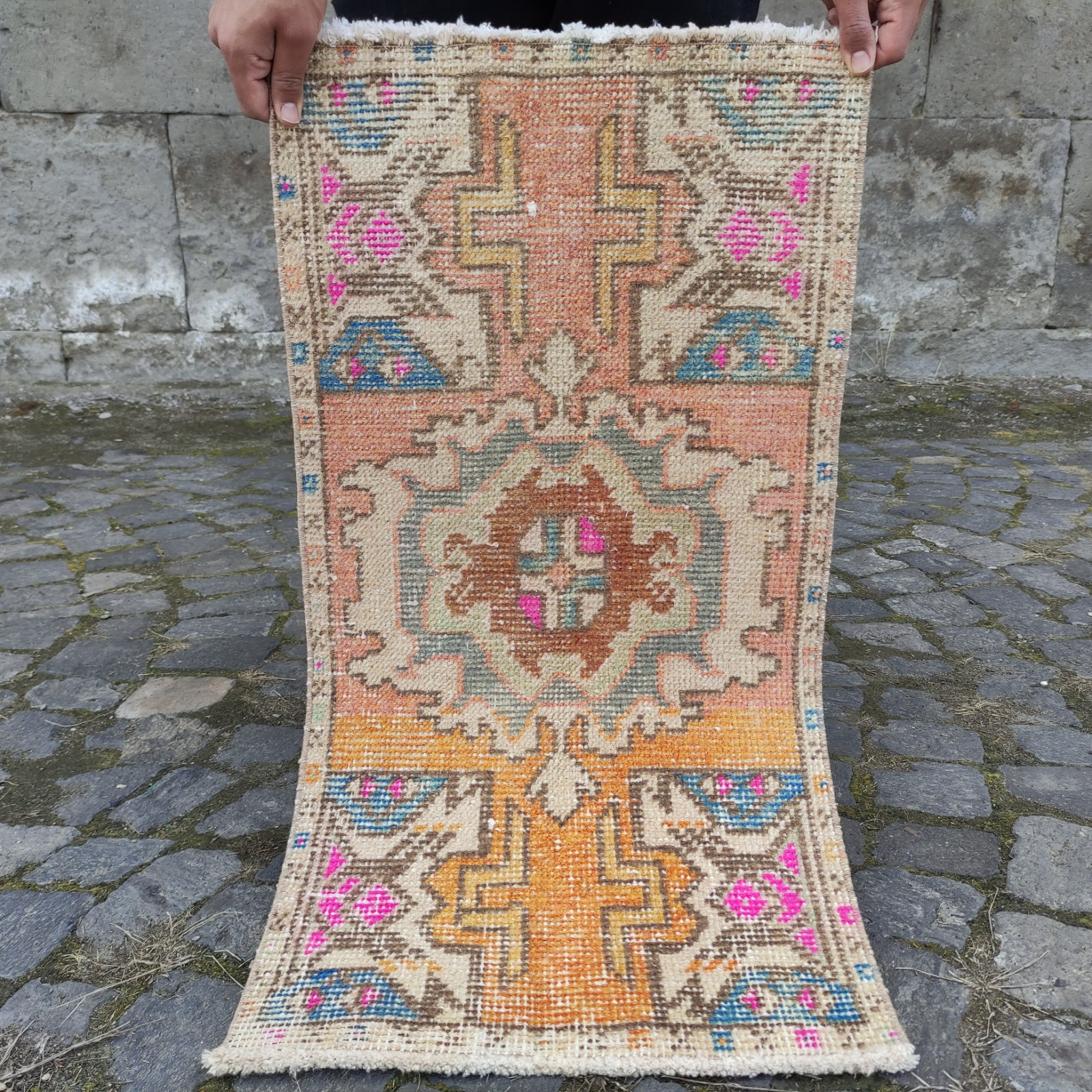 xox borders Turkish Vintage Small Rug 45 x 86cm Handmade Bath Mat 1.48 x 2.82 ft