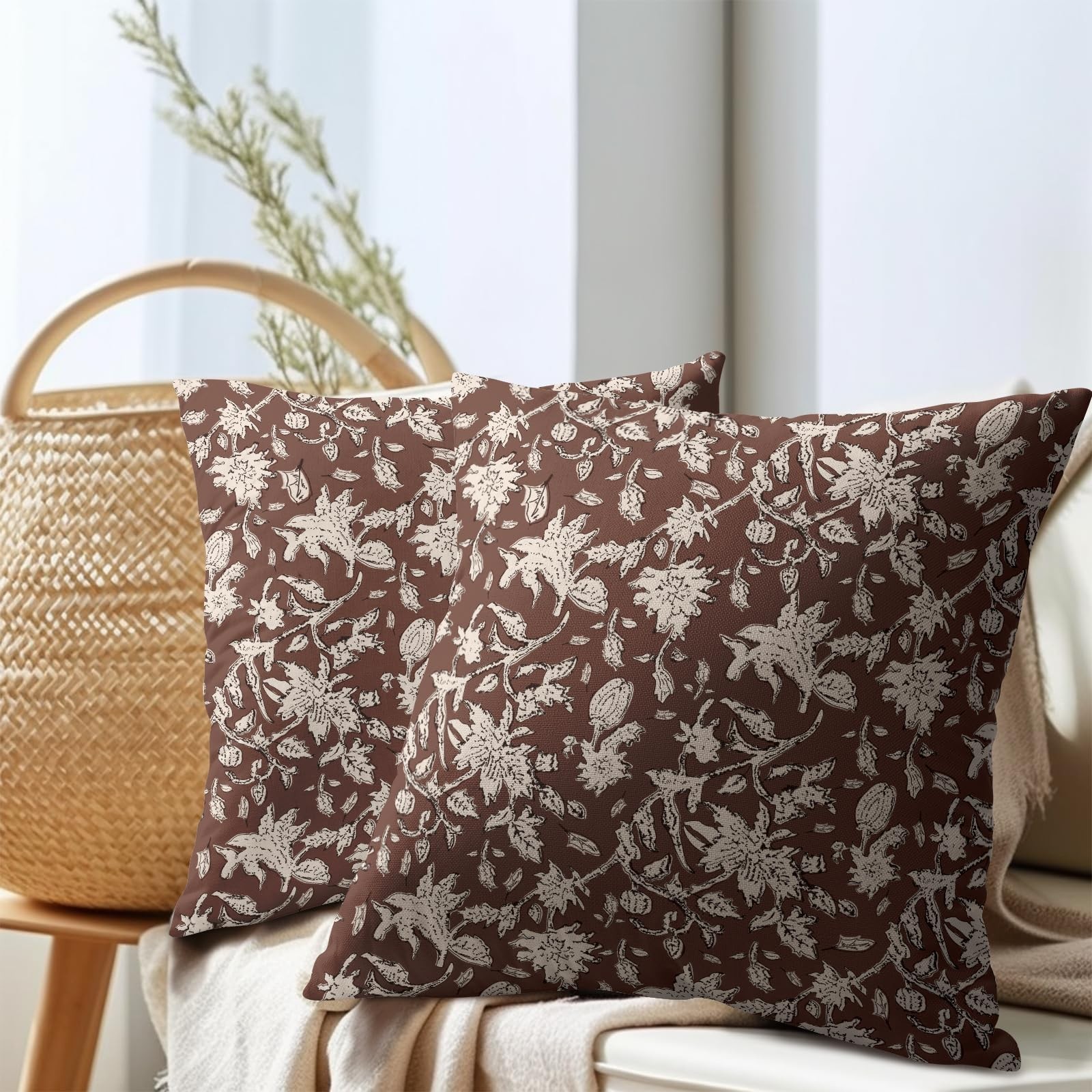 Reddish Brown Floral Block Print Throw Pillow Covers 18×18 Inch Set of 2 Vint…