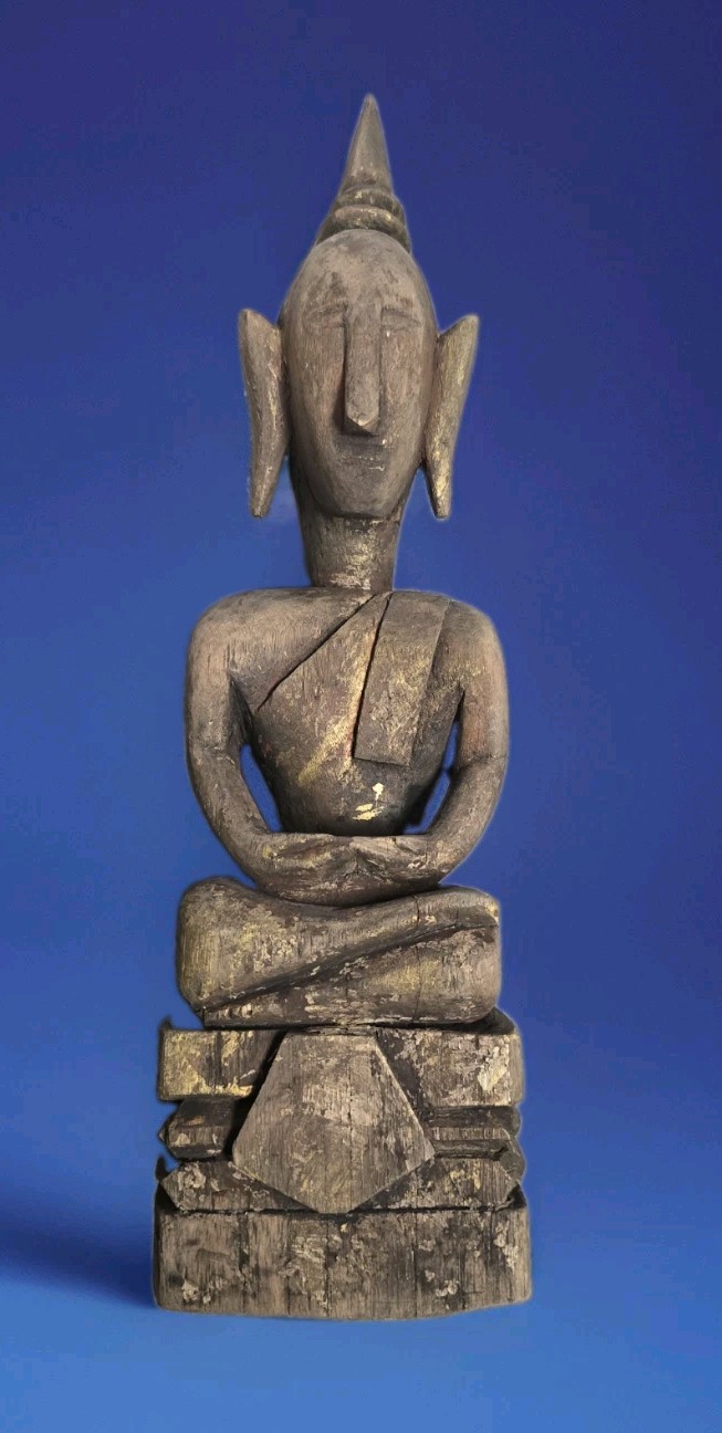 Antique Seated Primitive Wood Buddha Figure from Thailand / Southeast Asia 14″