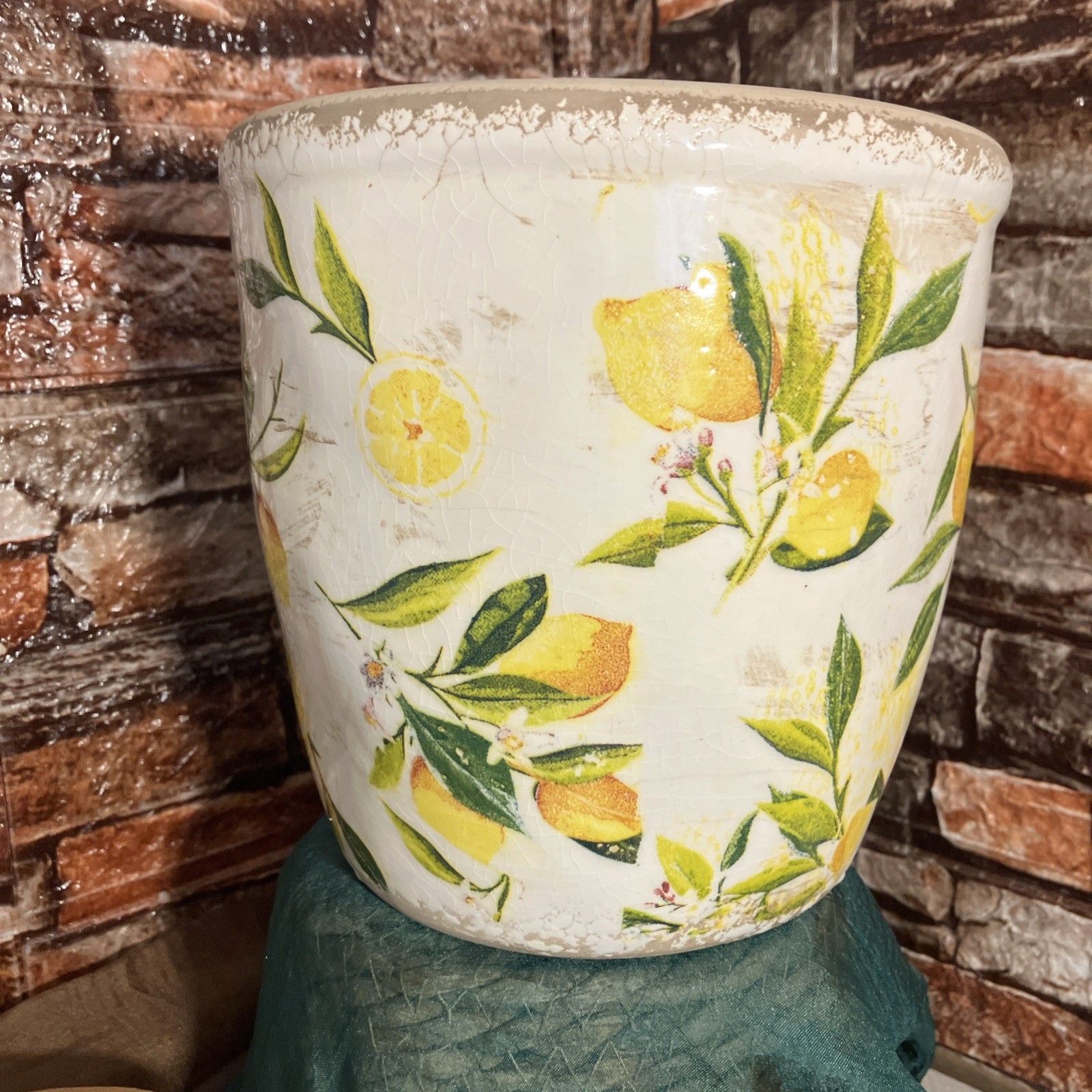 Vase Crock White Yellow Green Porcelain Ceramic Lemon Vines Floral Home Accent