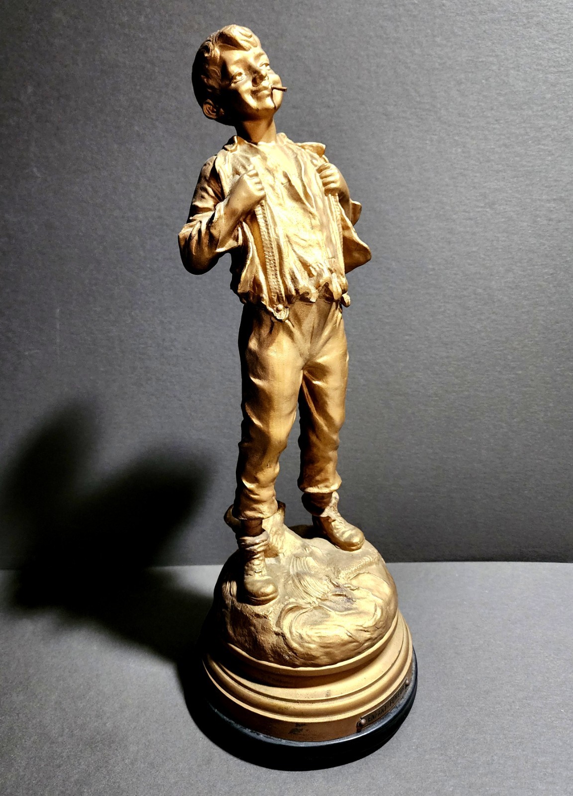 Antique French Art Nouveau Spelter Enfant Fumeur Smoking Boy Statue Gilt c.1900
