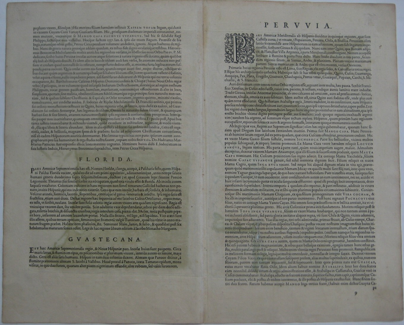 Original 1606 Ortelius 3-Panel Map LA FLORIDA Panama Colombia Peru Amazon Mexico