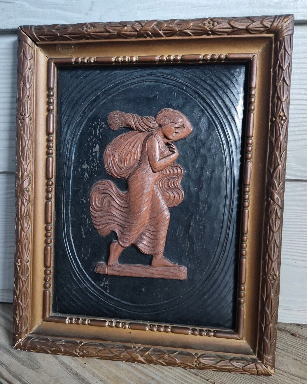 Antique Hand Carved Walnut Woman on Black Panel Pencil Signed John Accetta 1936