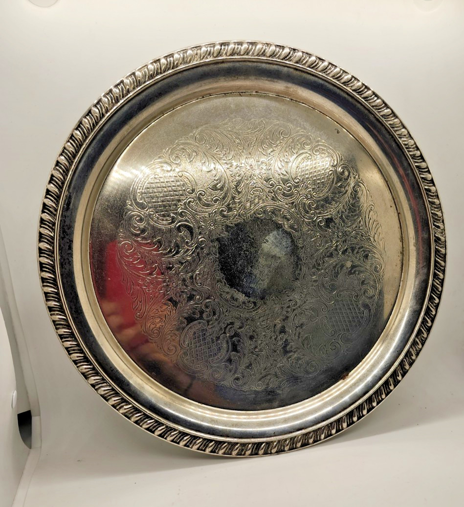 Leonard Silver Plate Round Serving Tray Carved Pierced Victorian Design 13in VTG