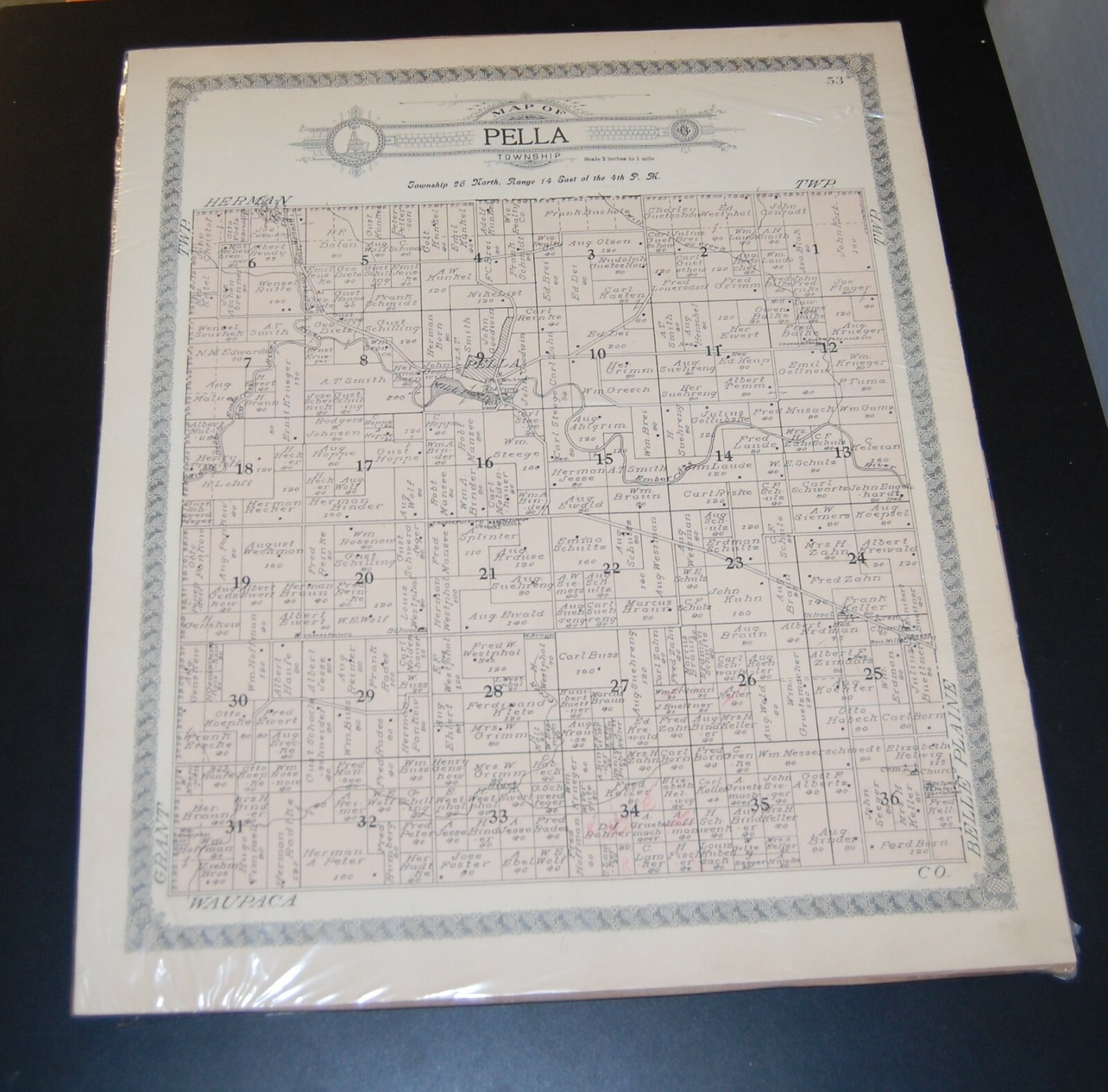 1905 Platt Map of Pella Township Shawano County WI