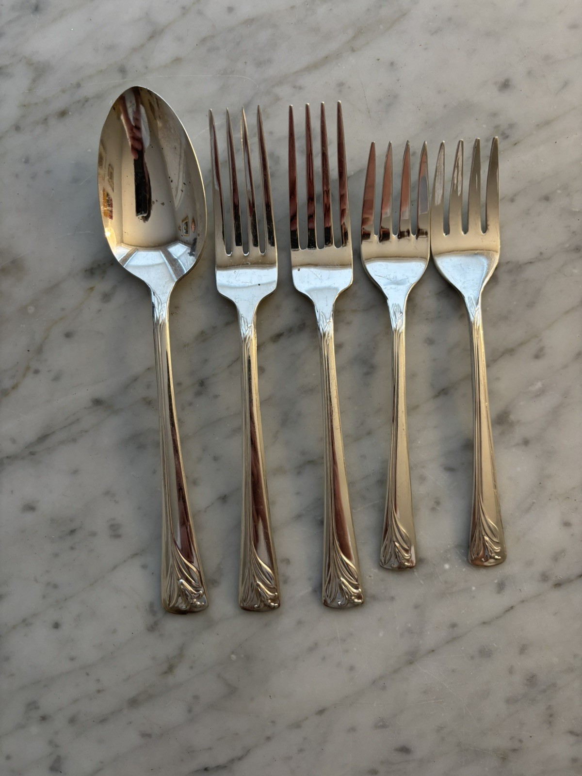 4 MAGIC LILY FORKS and 1 SPOON by SINCERITY SILVER PLATE MCM 1955