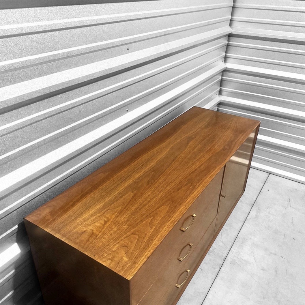 Mid Century Walnut & Brass Low Dresser or Credenza MCM Paul McCobb Style