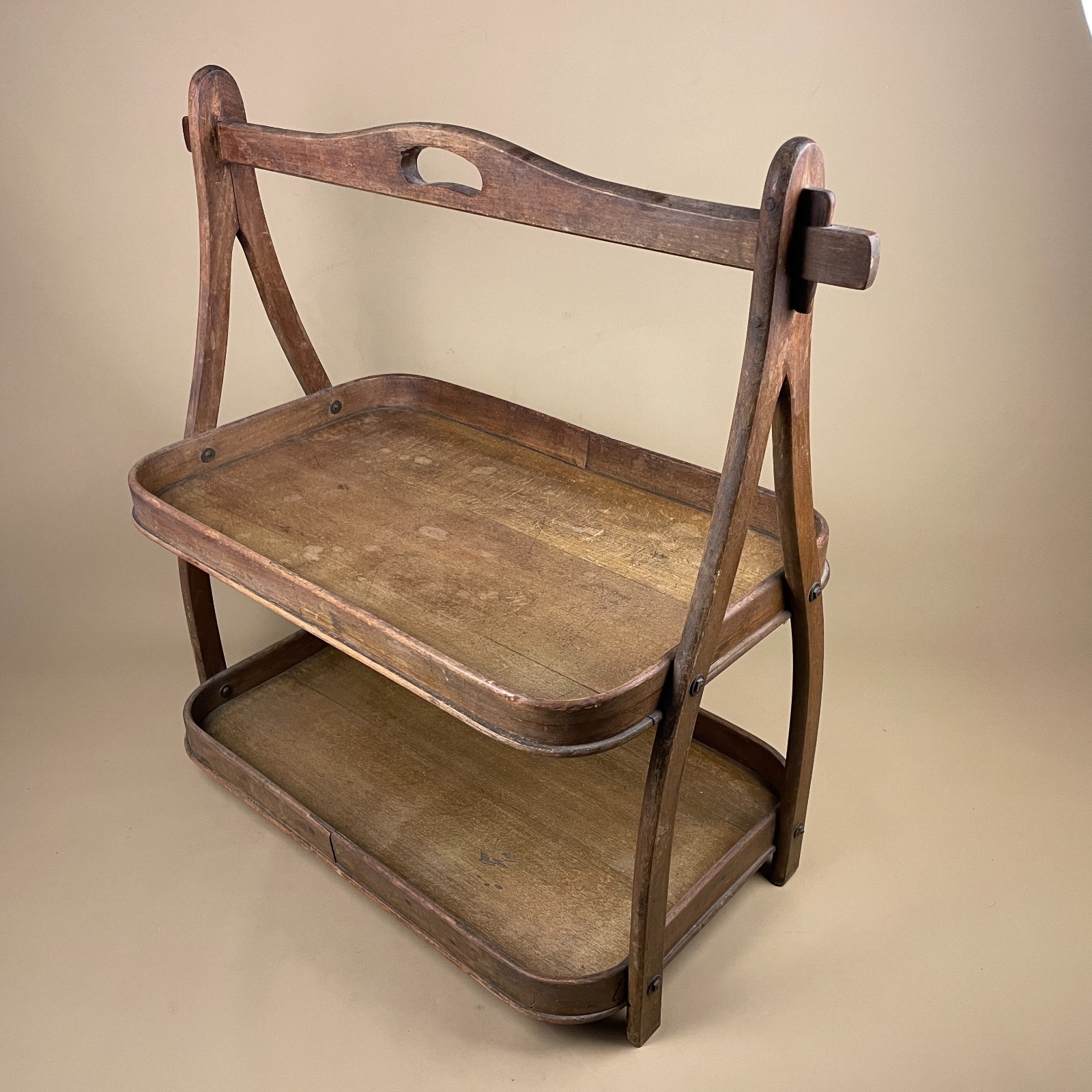 Antique Wooden 2 Tier Tray Stand Rectangle Wood Display Handle French Rack