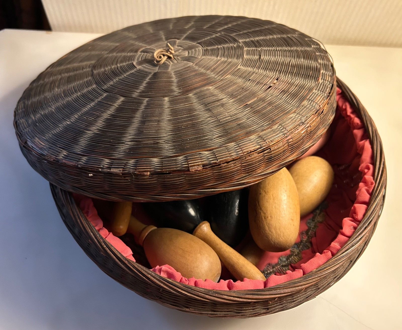 Vintage Round Lined Wicker Sewing Basket with Lid & 8 Wooden Sock Darners