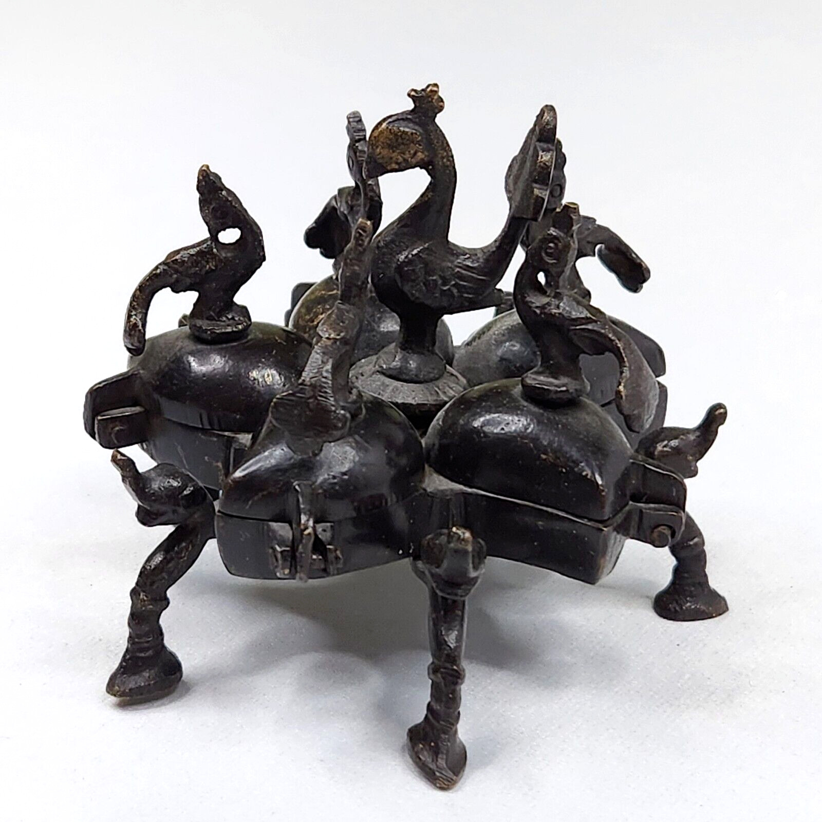 Vtg Brass Peacock 5 Compartment Spice Tikka Powder Holder with Elephant Feet 3″