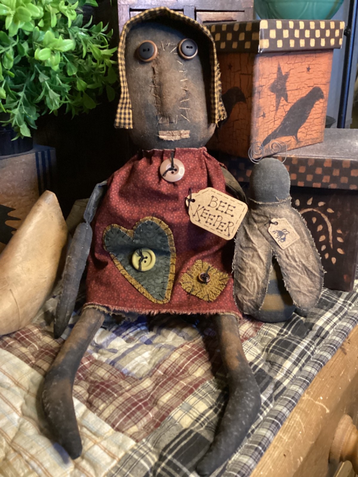 Primitive BLACK DOLL & BEE Handmade OOAK Signed & Dated THREADBARE PRIMITIVES