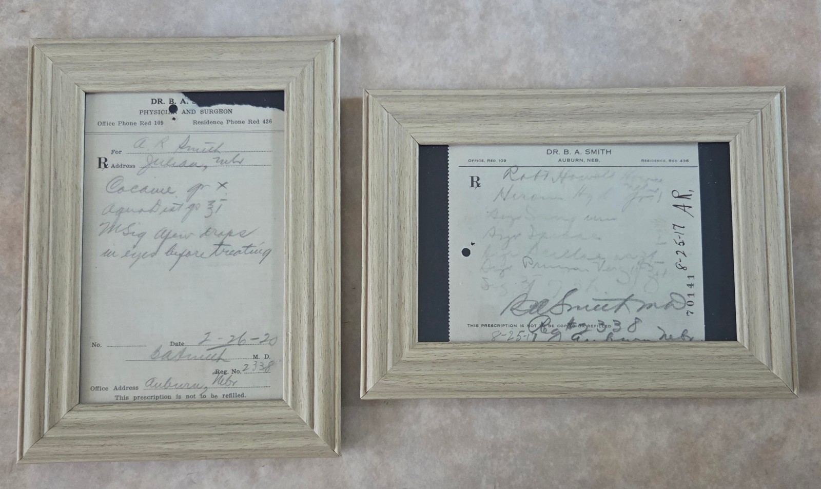 Two Framed Antique Prescriptions – Cocaine (1920) & Heroin (1917)