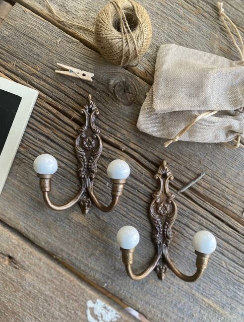 Vintage Brass Porcelain Knobs Double Coat Hanger Wall Mount Hat Towel Hook